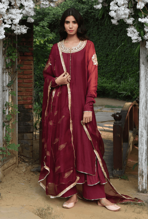 Maroon Bird Motif Kurta Set