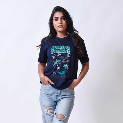 Supreme Paradise Navy Blue Round Neck Graphic T-shirt For Women