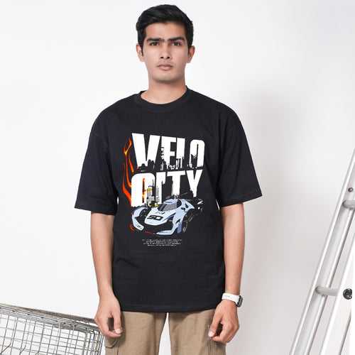 Velocity Black Drop Shoulder Cotton Graphic Printed T-shirt