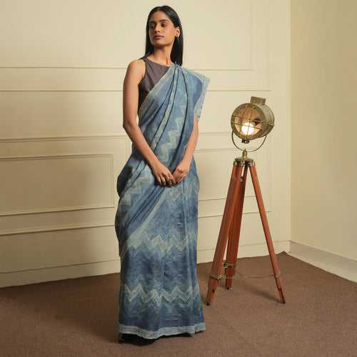 DABU Zigzag Tussar Silk Saree - Indigo Blue