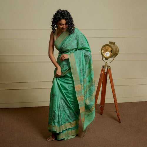 PATTACHITRA Handwoven Tussar Silk Saree - Shammrock Green
