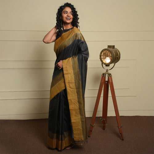 IKAT CHECK Handwoven Tussar Silk Saree - Deep Grey & Molten Gold