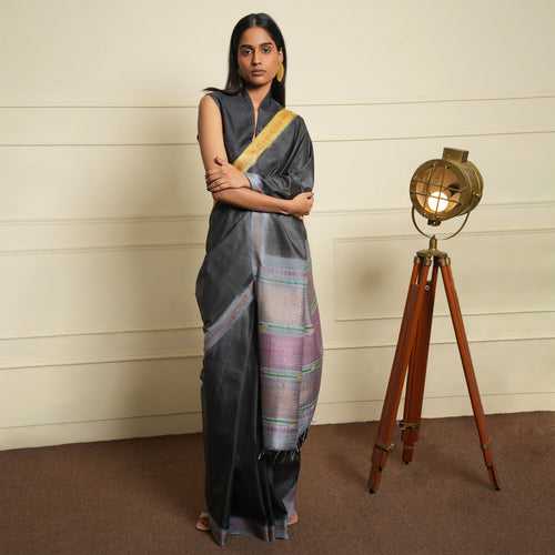 SAGAR Handwoven Tussar Silk Saree - Slate Grey