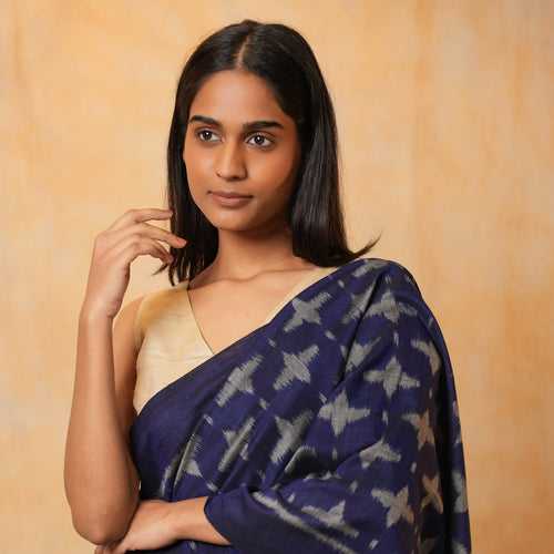 ESTHER Handloom Cotton Ikat Saree - Navy Blue