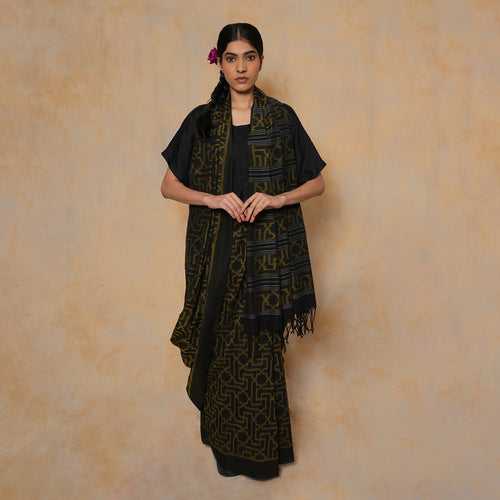 CHARBHUJA Handloom Cotton Ikat Saree - Black and Green