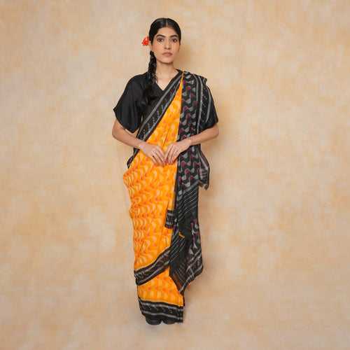 DVAITA Handloom Cotton Ikat Saree - Sun Yellow