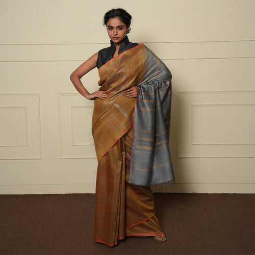 Khushboo Handwoven Tussar Silk Saree - Mustard Silver