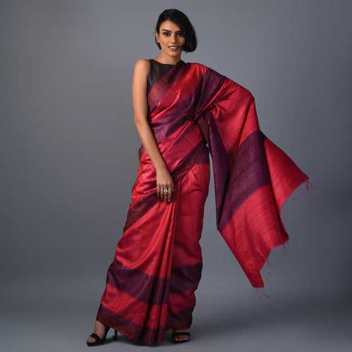 Ikat Tussar Bijli Handwoven Silk Saree - Salmon Red Maroon