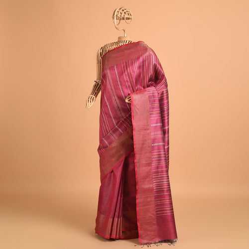 BEEJ Long Pallu Handwoven Tussar Silk Saree - Red Berry