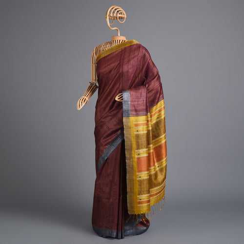 SAGAR Handwoven Tussar Silk Saree -  Wine Purple