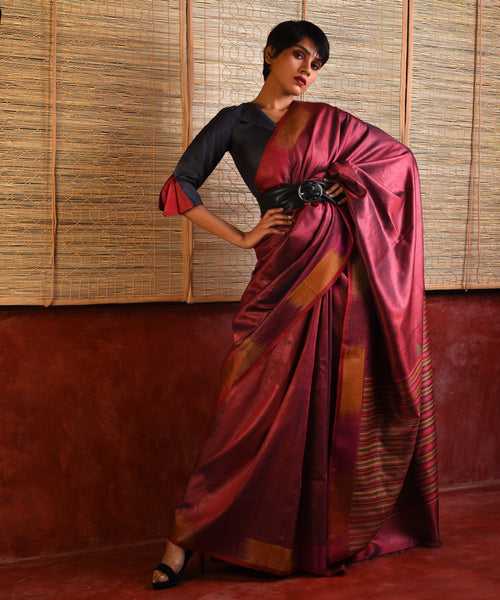 Ikat Tussar Satrang Silk Saree - Sangria Maroon