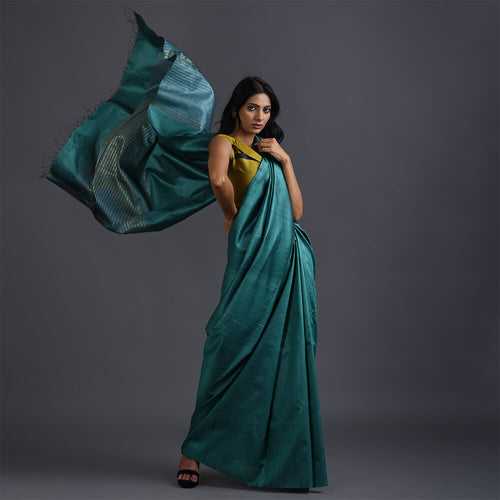 Bindu Handwoven Tussar Silk Saree - Cyan Green