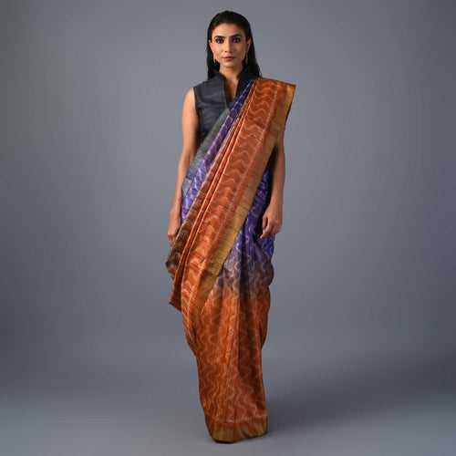 IKAT Tussar Tarang Handwoven Silk Saree - Rust Violet