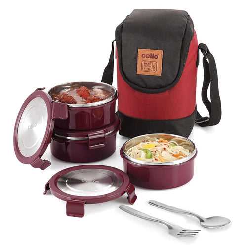 CELLO Max Fresh Freshco Plus Lunch Box Set with 2 Spoons & Bag, 3 Containers, 300ml, Red | Outer Plastic & Inner Stainless Steel Tiffin Box with Jacket | Ideal for College, Office