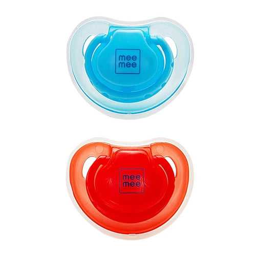 Mee Mee Baby Pacifier Ultra Light Soft Silicone Nipple| BPA Free | Oral stimulatory | Teether | Pack of 2 | 0-6 months + Kids (Blue/Red)