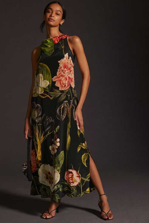 Night Bloom Embroiderd Cowl Neck Dress