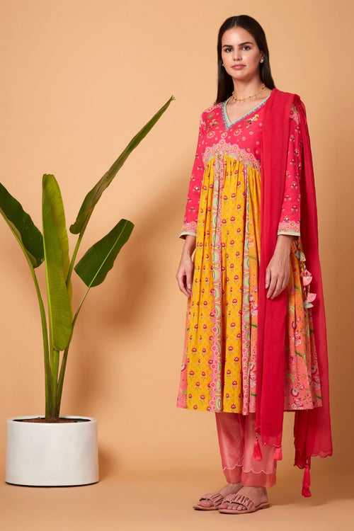 Pink And Yellow Gathered Kurta With Peach Pant And Pink Chiffon Dupatta