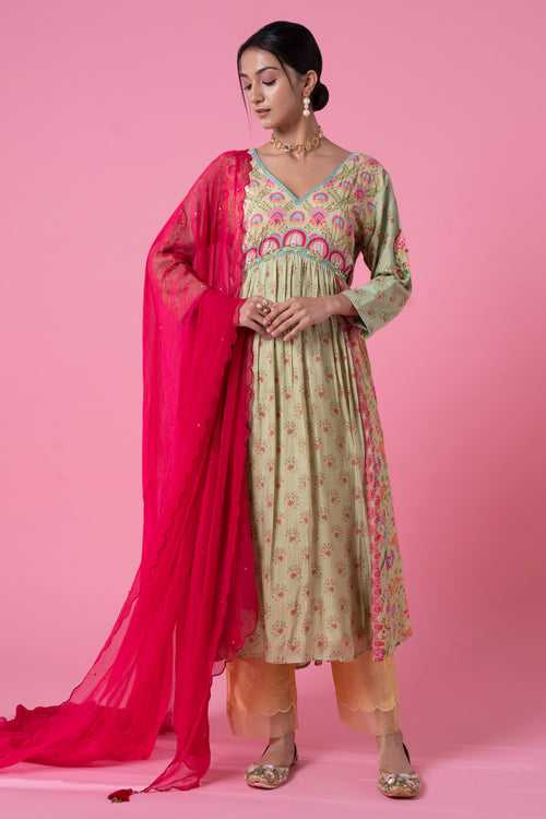 Surf Green Blossomy Print Gathered Embroidered Kurta Set