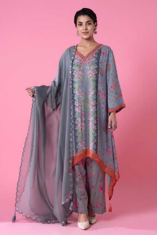 Pearl Grey Golden Buta High-Low Embroiderd Kurta Set