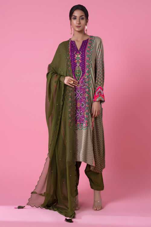 Safari Green And Olive Ombre A-Line Embroidered Kurta Set