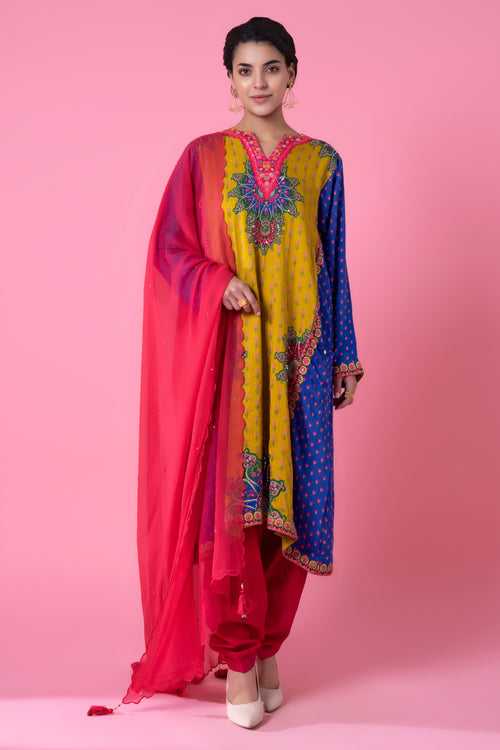 Scoop Yellow And Prussian Blue  A-Line Embroidered Kurta Set