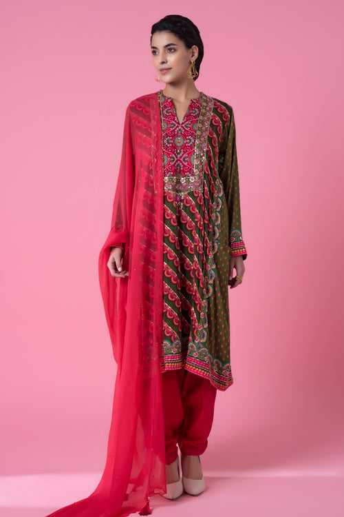 Vivid Green And Azela Pink  A-Line  Embroidered Kurta Set