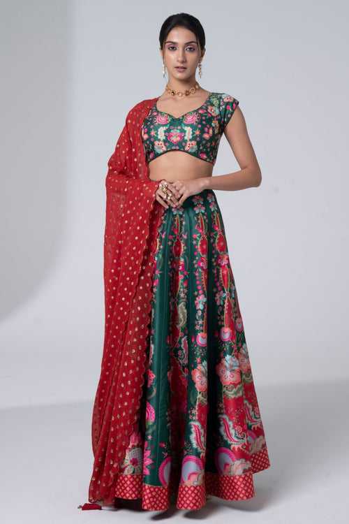 Printed Lehnga With Embroidered Detailing On  Blouse And Golden Buta Scalloped Dupatta Set