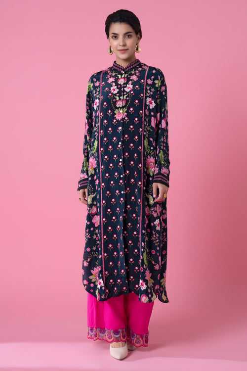 Dark Blue And Pink Side Floral Embllished Shirt Dress