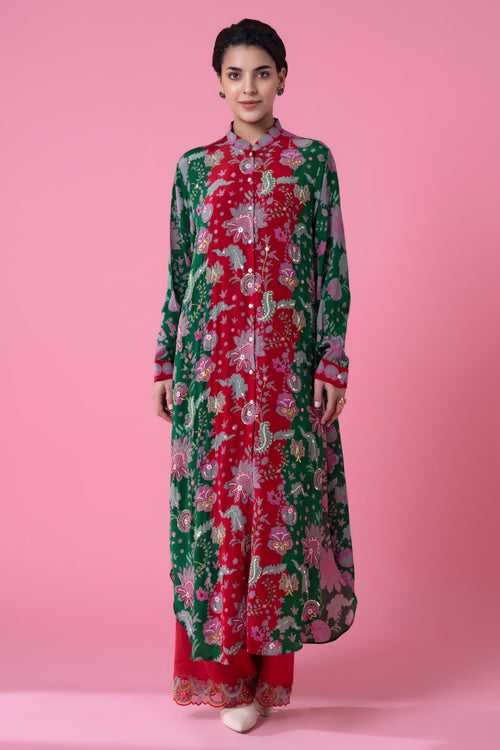 Red And Green Floral Paisly Print Embllished Shirt Dress