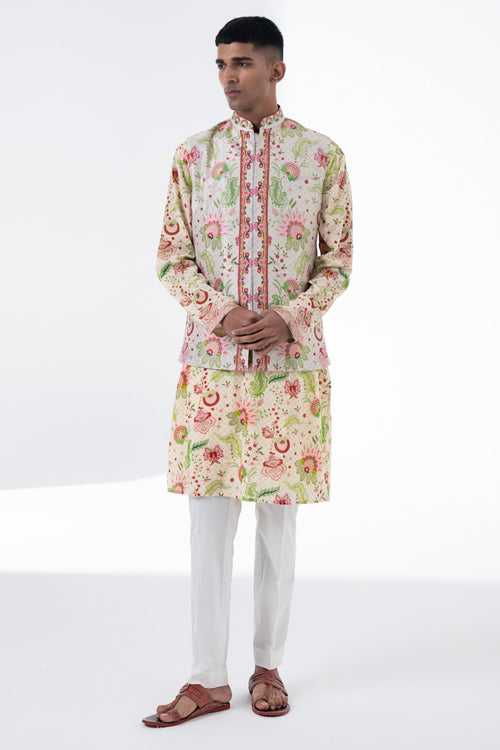 Coral Shell Ivory Wild Flower Sb Signature Print Embroidered  Nehru Jacket
