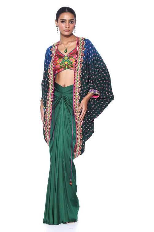 Ombre Oriental Blue Hand Embroidered Shrug Set