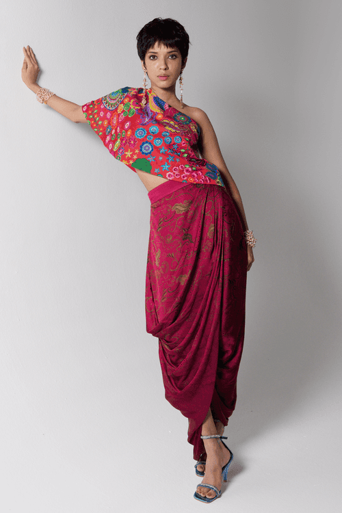 Crimson Red Embroidered One Shoulder Top And Drape Skirt