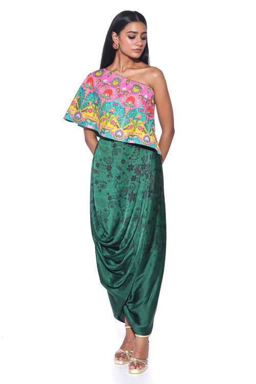 Pink And Teal Embroidered One Shoulder Top And Drape Skirt