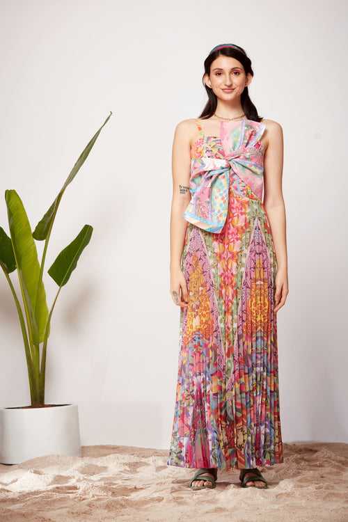 Mix Print Front Bow Sunray Pleated Dress