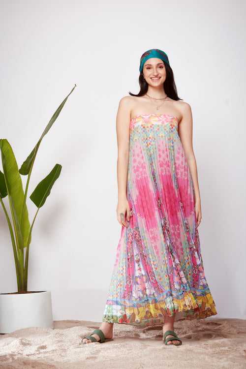 Mix Print Sunray Pleats Tube  Dress