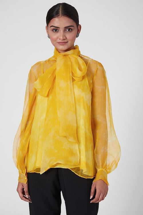 Yellow Tie Dye Bow Organza Top With Slip