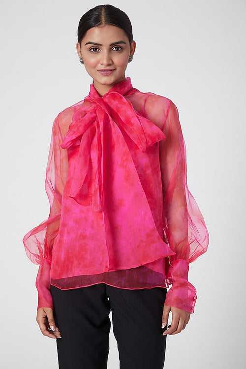 Bright Pink Tie Dye Bow Organza Top With Slip