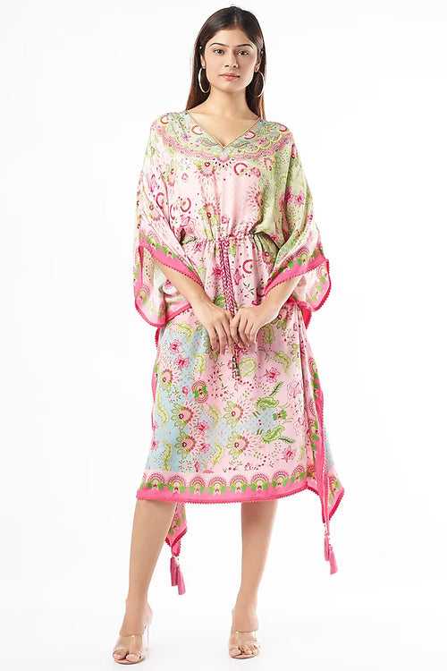 Pixie Pink & Fresh Mint Green Floral Print, Embroidered Kaftan