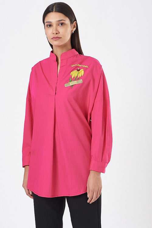 Hot Pink Oversized Sunflower Embroidered Shirt