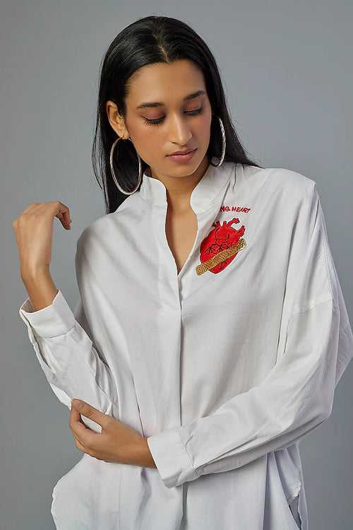 White Healing Heart Embroidered Oversized Shirt