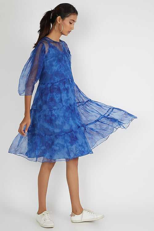 Blue Tie Dye Organza Dress With Slip