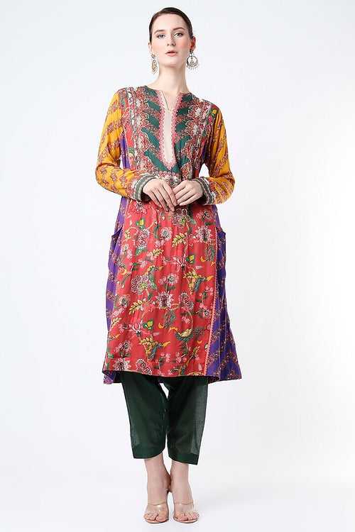 Green And Maroon Kurta With Green Salwar And Chiffon Dupatta