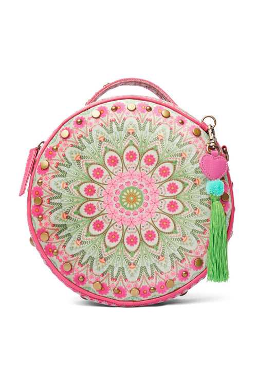 Light Grey  Floral Mandla Studded Circular Hand Bag With Strap