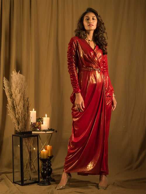Marquee Red Drape Gown with Belt