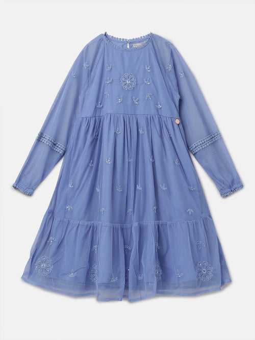 Girls Floral Embroidered Blue Boho Premium Dress