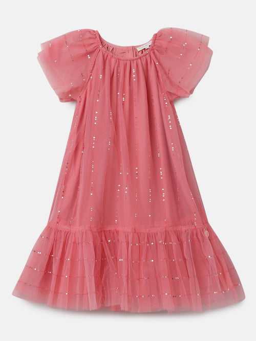 Girls Coral Pink Sequin Embellished Mesh Dress