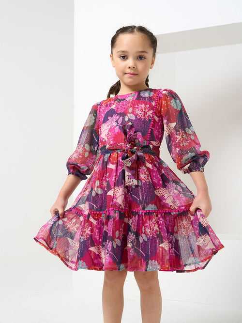 Girls Pink Floral Print with Belted Patchwork Dress