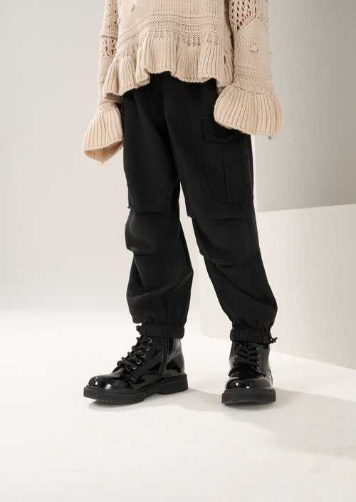 Girls Self Textured Cotton Black Parachute Cargo Trousers