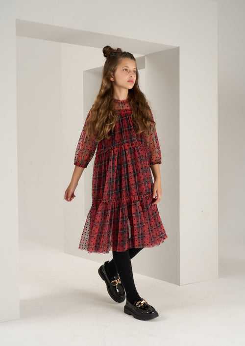 Girls Red Tartan Spot Printed Premium Mesh Dresses