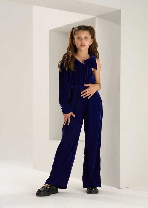 Girls Self Textured Navy Bow Shoulder Velvet Jumpsuit